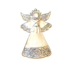 Vintage Angel Brooch Pin Gold Tone Costume Moon Stone Bead Enameled 2”